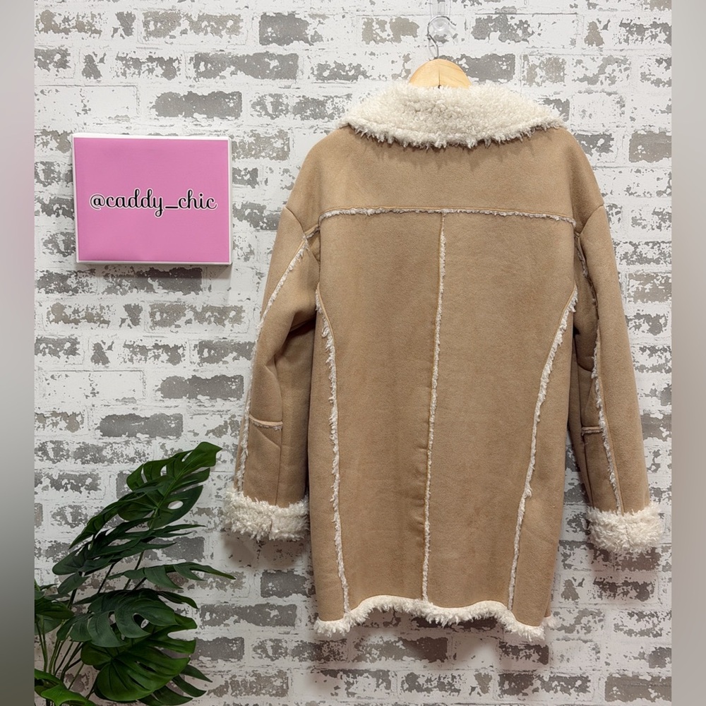 SOLD - Forever 21 Faux Suede & Shearling Coat Tan Size L | Long Sherpa-Lined - Picture 6 of 7